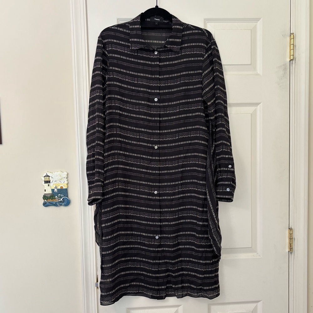 Theory 100% Silk Button Up Striped Front Tie Waist Shirt Dress